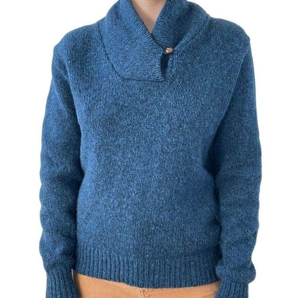 Vintage 1970s LL Bean Navy Blue Chunky Wool Cowl Neck Sweater Made USA Sz M - Picture 1 of 8